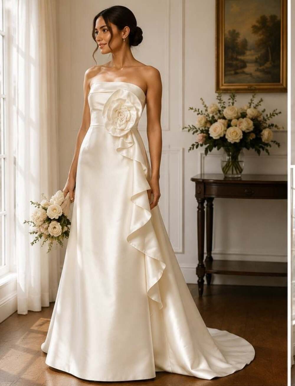 Muse by Marchesa Radiant Glamour Strapless Satin Wedding Dress with Rosette and